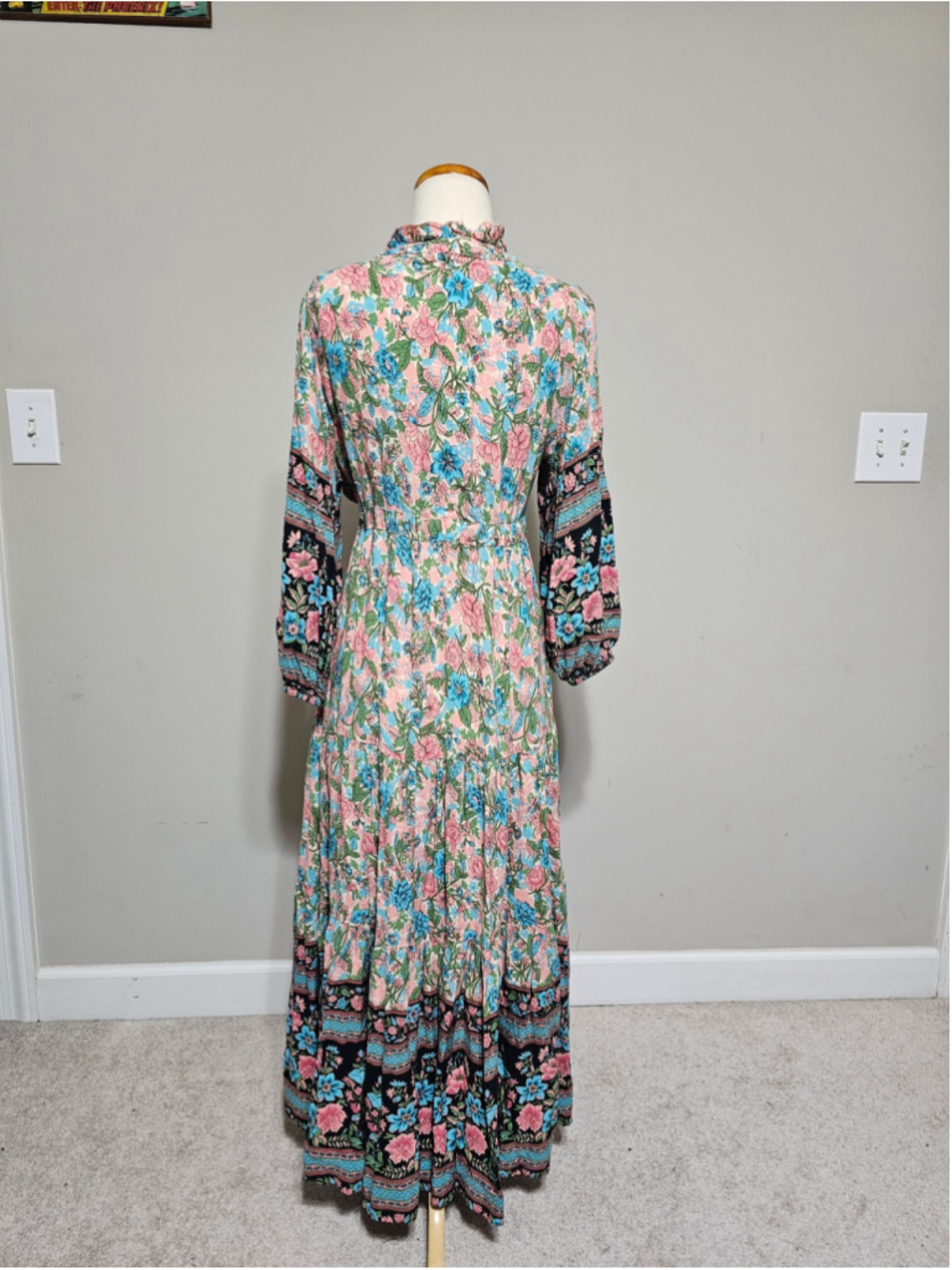 Three Bird Nest Boho Floral Maxi Dress Size L Pink Blue Tiered - Picture 2 of 8
